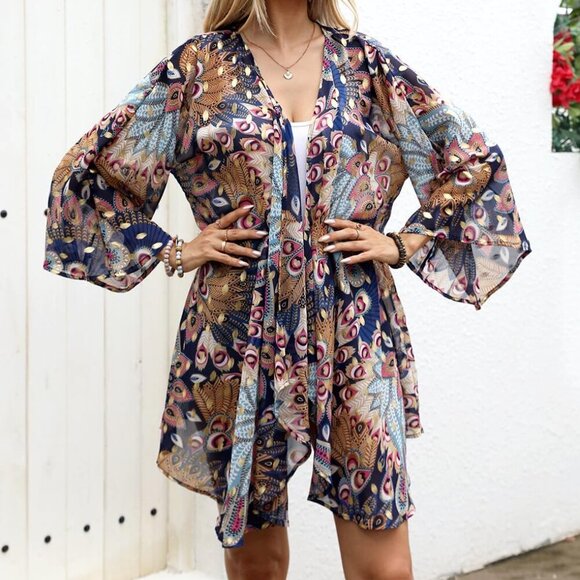 Women's Floral Print Sheer Chiffon 3/4 Bat Sleeve Casual Loose Kimono Cardigan C - Picture 3 of 5
